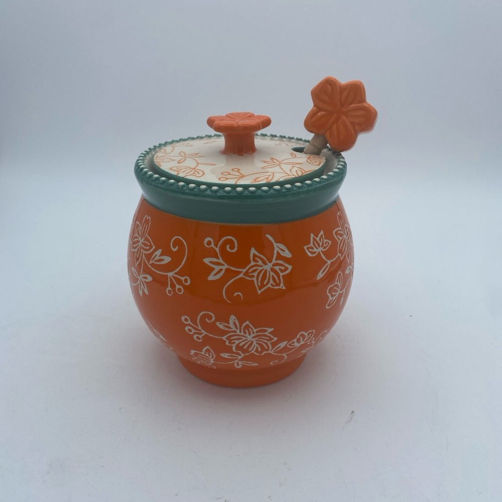 Temptations by Tara honey pot jar 16 Oz orange floral lace w/ drizzle stick
